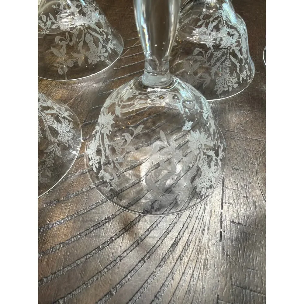Vintage Etched Champagne Coupe Glasses Set of 7 Floral Wheat Stemware 5.75